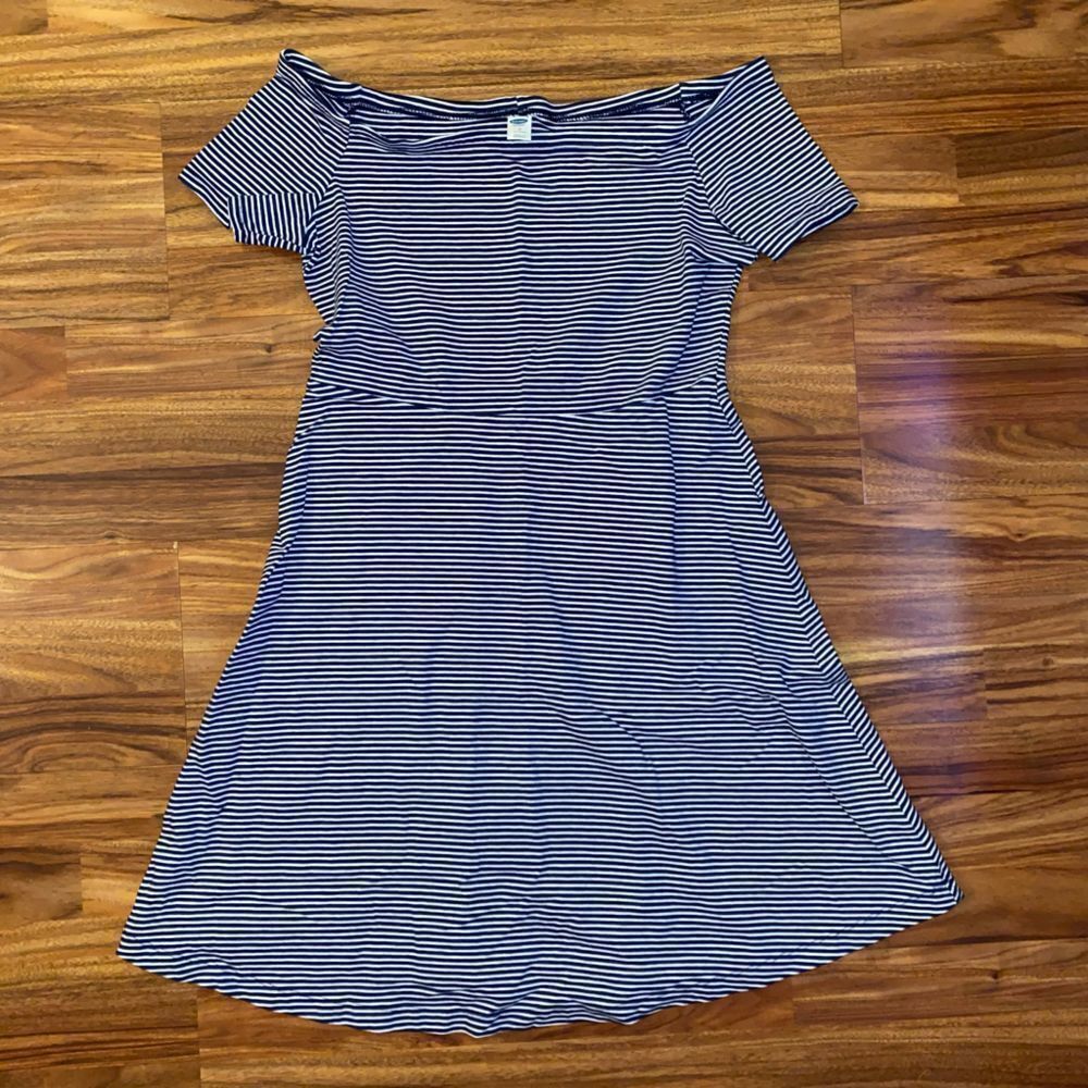 Old Navy Navy and White Striped Off-Shoulder Mini Dress